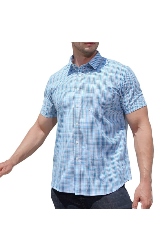 Short Sleeve Plaid Dress Shirts for Men Cotton Big and Tall Tee Tops Summer Classic Wrinkle-Free Casual Button Down Checked Shirts with Pockets Blue XXXL
