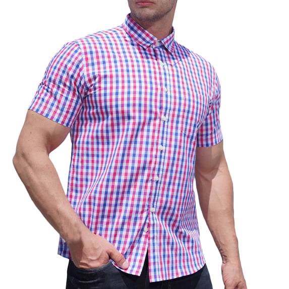 DLfVUB Short Sleeve Plaid Dress Shirts for Men Cotton Big and Tall Tee Tops Summer Classic Wrinkle-Free Casual Button Down Checked Shirts with Pockets Red XXXXL