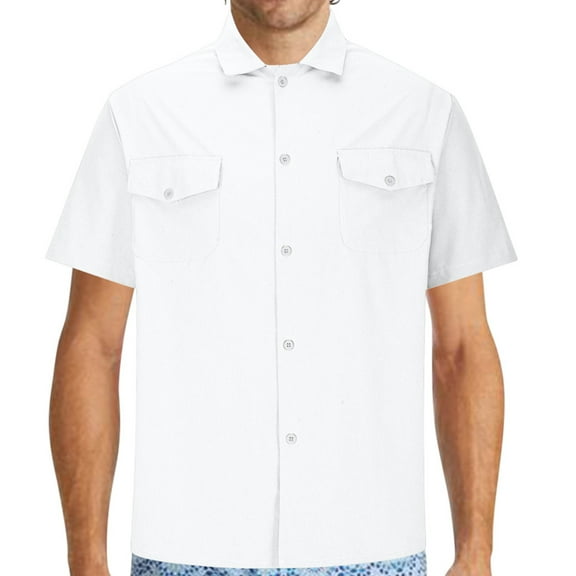 DLfVUB Solid Color Dress Shirt for Men Loose Fit Tops Lapel Short Sleeve Blouse Button Down Double Pocket Tees Business Formal Office Casual Shirts White L