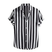 DLfVUB Striped Dress Shirts for Men Casual Short Sleeve Turndown Collar T-Shirt Button Down Loose Fit Shirts Summer Outdoors Work Sports Blouse Black L