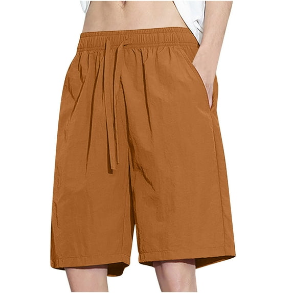 DLfVUB Summer Casual Shorts for Men Stylish Solid Color Knee Length Pants Drawstring Elastic Waist Pockt Short Big & Tall Loose Comfy Trunk Coffee S