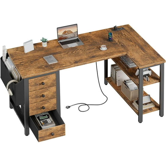 DLisiting L Shaped Computer Desk with Drawers - 47 Inch Corner Office Reversible Desk with Storage Shelves Power Outlet, Home Office Desks L-Shaped with Fabric Drawer for Teen Girls, Rustic Brown