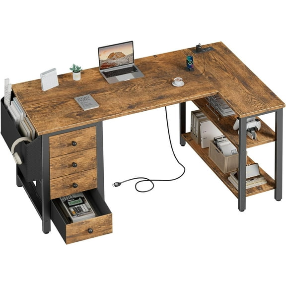 DLisiting L Shaped Computer Desk with Drawers - 47 Inch Corner Office Reversible Desk with Storage Shelves Power Outlet, Home Office Desks L-Shaped with Fabric Drawer for Teen Girls, Rustic Brown