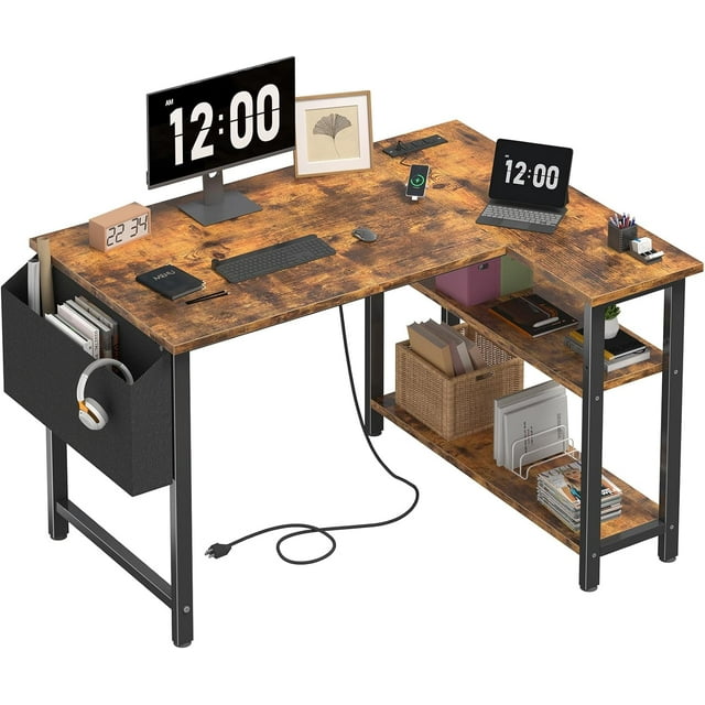 DLisiting Small L Shaped Desk with Power Outlet Shelves, 40 Inch Corner