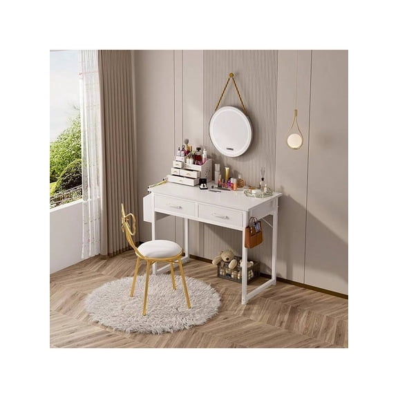 DLisiting Small White Desk With Fabric Drawers, 32" Long. It Doubles As A Dressing Table In The Bedroom, With Storage Drawers And Pockets, And Can Also Be Used As A Small Writing Desk In The Study