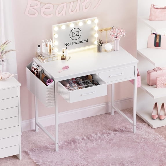 DLisiting White Small Desk with Fabric Drawers - 32 Inch Vanity Desk with Storage Drawer and Bag for Bedroom, Study Writing Table for Small Spaces, White