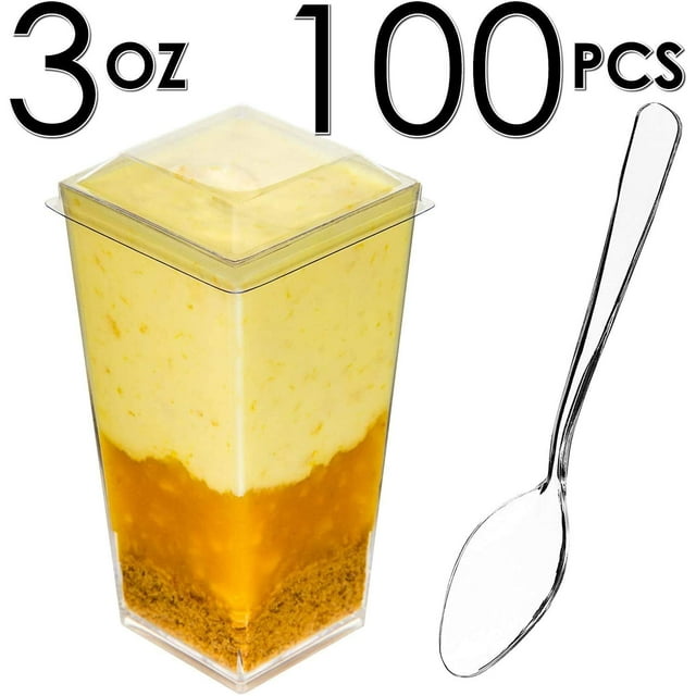 DLux 100 x 3 oz Mini Dessert Cups with Spoons and Lids, Square Tall