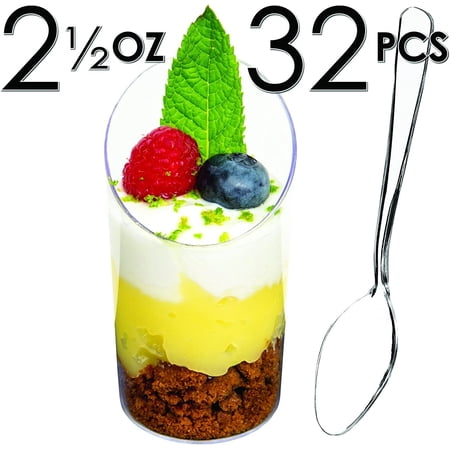 DLux 32 x 2.5 oz Mini Dessert Cups with Spoons, Slanted Round - Clear Plastic Parfait Appetizer Cup - Small Reusable Serving Bowl for Tasting Party Desserts Appetizers - With Recipe Ebook