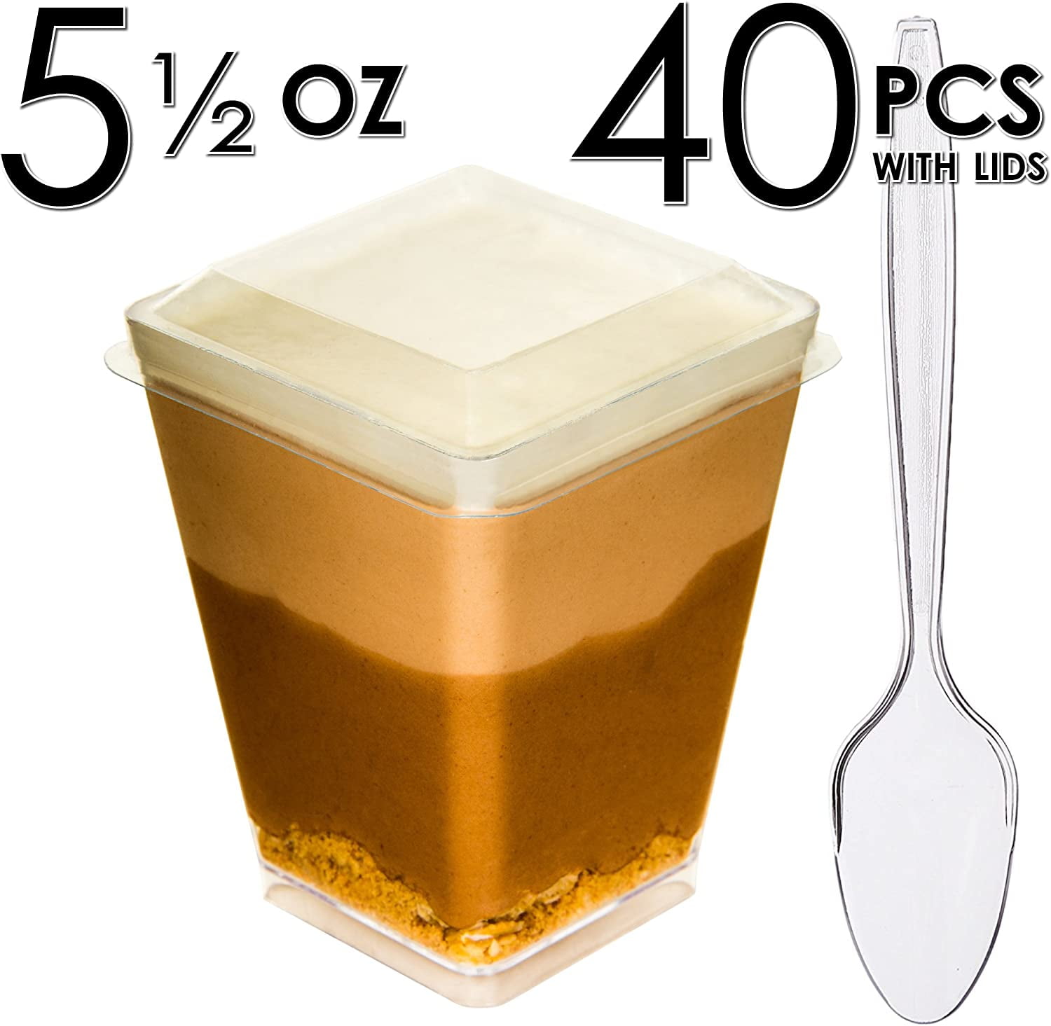 DLux 40 x 5 oz Mini Dessert Cups with Lids and Spoons, Square Large