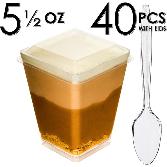 DLux 40 x 5 oz Mini Dessert Cups with Lids and Spoons, Square Large - Clear Plastic Parfait Appetizer Cup - Small Reusable Serving Bowl for Tasting Party Desserts Appetizers - Recipe Ebook