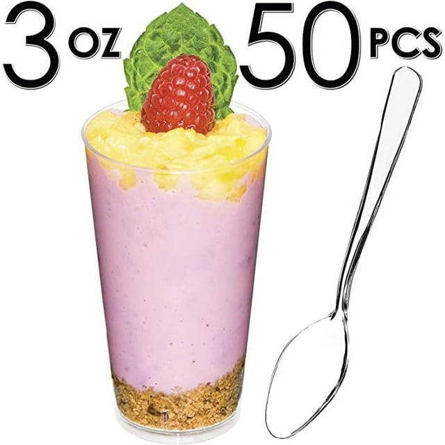 DLux 50 x 3 oz Mini Dessert Cups with Spoons, Shooter Clear Plastic Parfait Appetizer Cup