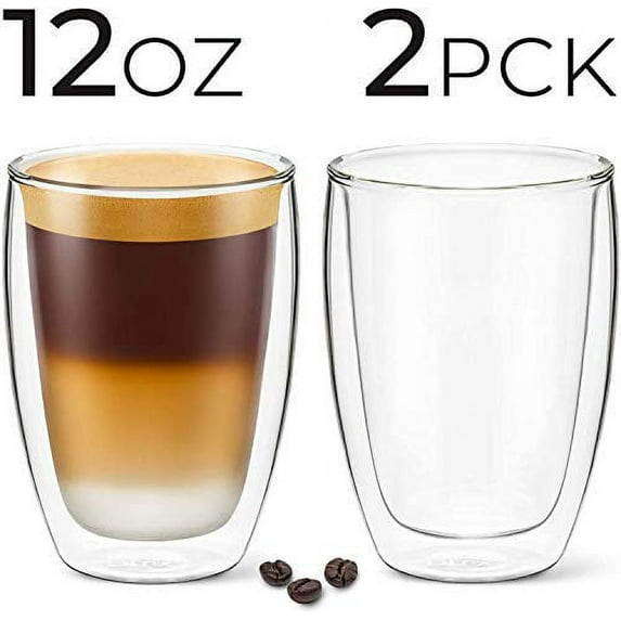 DLux Coffee Mugs, 12oz Latte Clear Glass Set of 2 Cups, Double Wall Insulated Borosilicate Glassware Cup - Wine, Tea Glasses