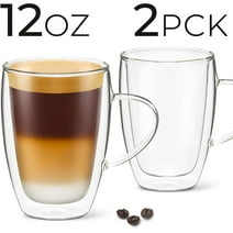DLux Coffee Mugs, 12oz Latte Clear Glass Set of 2 Cups with Handles, Double Wall Insulated Borosilicate Glassware Cup - Wine, Tea Glasses
