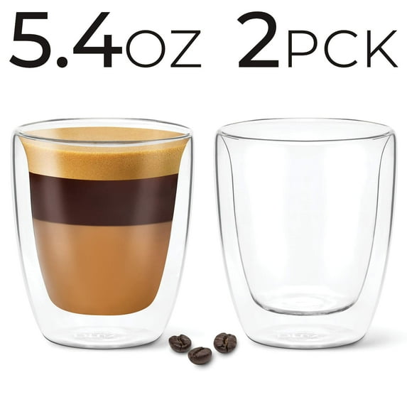 DLux Coffee Mugs, 5.4oz Lungo Clear Glass Set of 2 Cups, Lungo Double Wall Insulated Borosilicate Glassware Cup - Wine, Tea Glasses