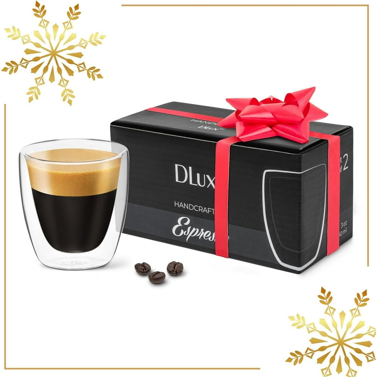 Dlux Espresso Coffee Cups 3oz, Double Wall, Clear Glass Set of 2 Glasses with Handles, Insulated Borosilicate Glassware Tea Cup