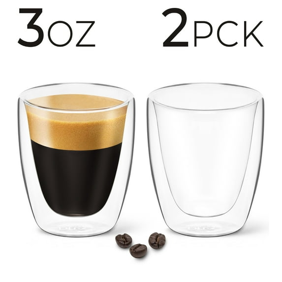 DLux Espresso Coffee Cups 3oz, Double Wall, Clear Glass Set of 2 Glasses, Insulated Borosilicate Glassware Tea Cup Mug