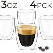 DLux Espresso Coffee Cups 3oz, Double Wall, Clear Glass set of 4 Glasses, Insulated Borosilicate Glassware Tea Cup