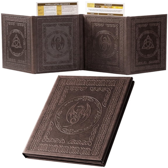 DM Screen for DND with 4 Wider Panels - Crystal Clear GM Pockets - Embossed Faux Leather Dungeon Master Screen with Celtic Knot & Dragon Design for D&D 5e & More