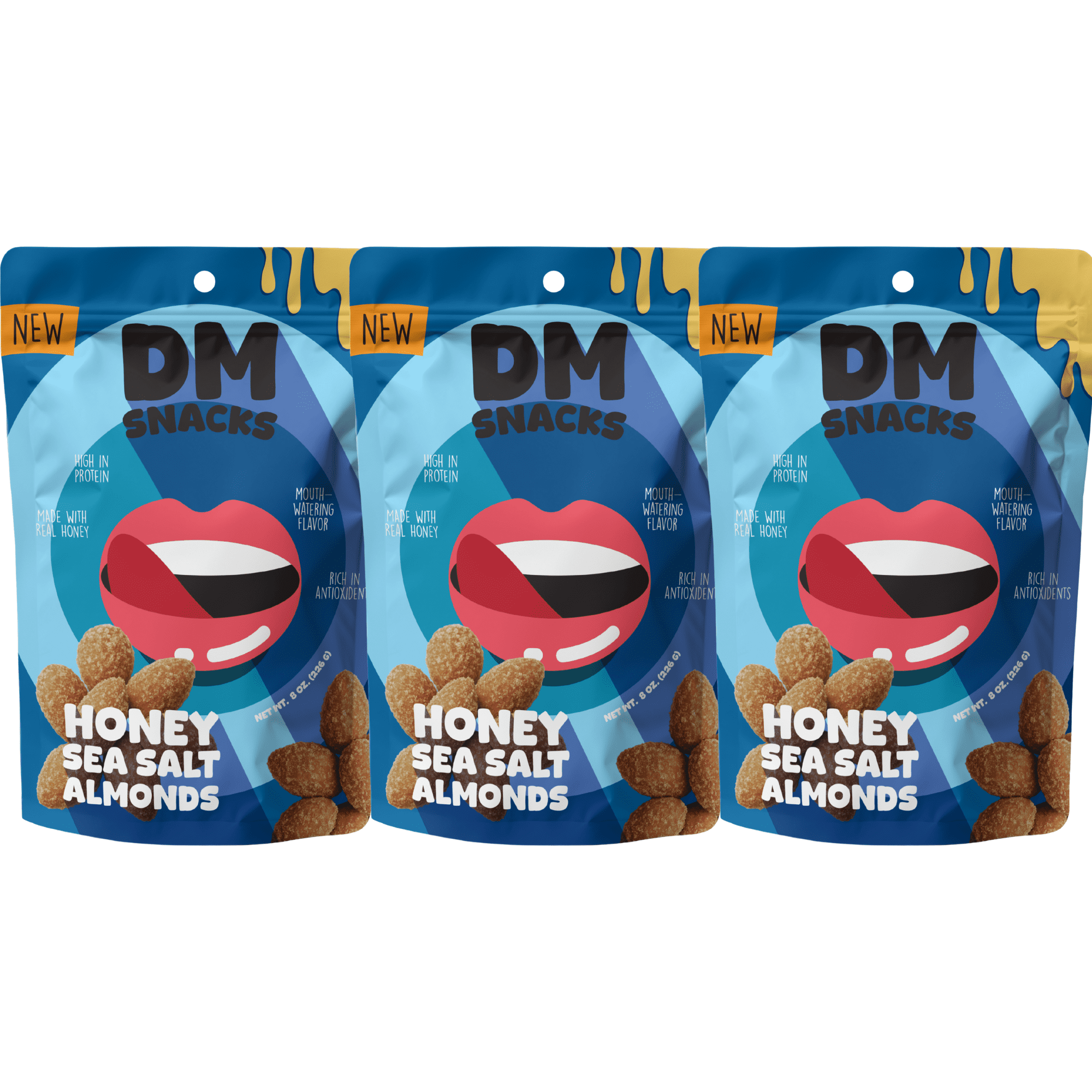 DM Snacks Honey Sea Salt Almonds - 1.5 lbs - 3 Resealable 8 oz Bags - Sweet and Salty Nuts 1.5 lbs