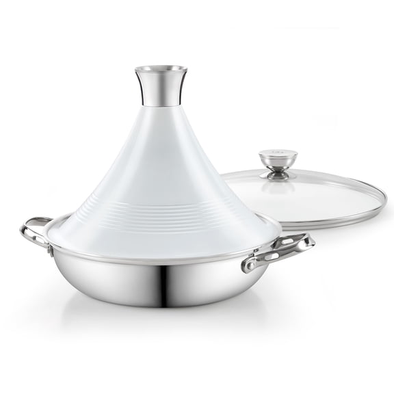 DM Tagine Pot, 11 Inch 3.6 Quart Moroccan Clay Tagine Pot Alternative, Multi-Ply Clad Stainless Steel, Traditional Cooking Pot with Die-Cast Aluminum White Conical Lid and Stainless Steel Knob Y101