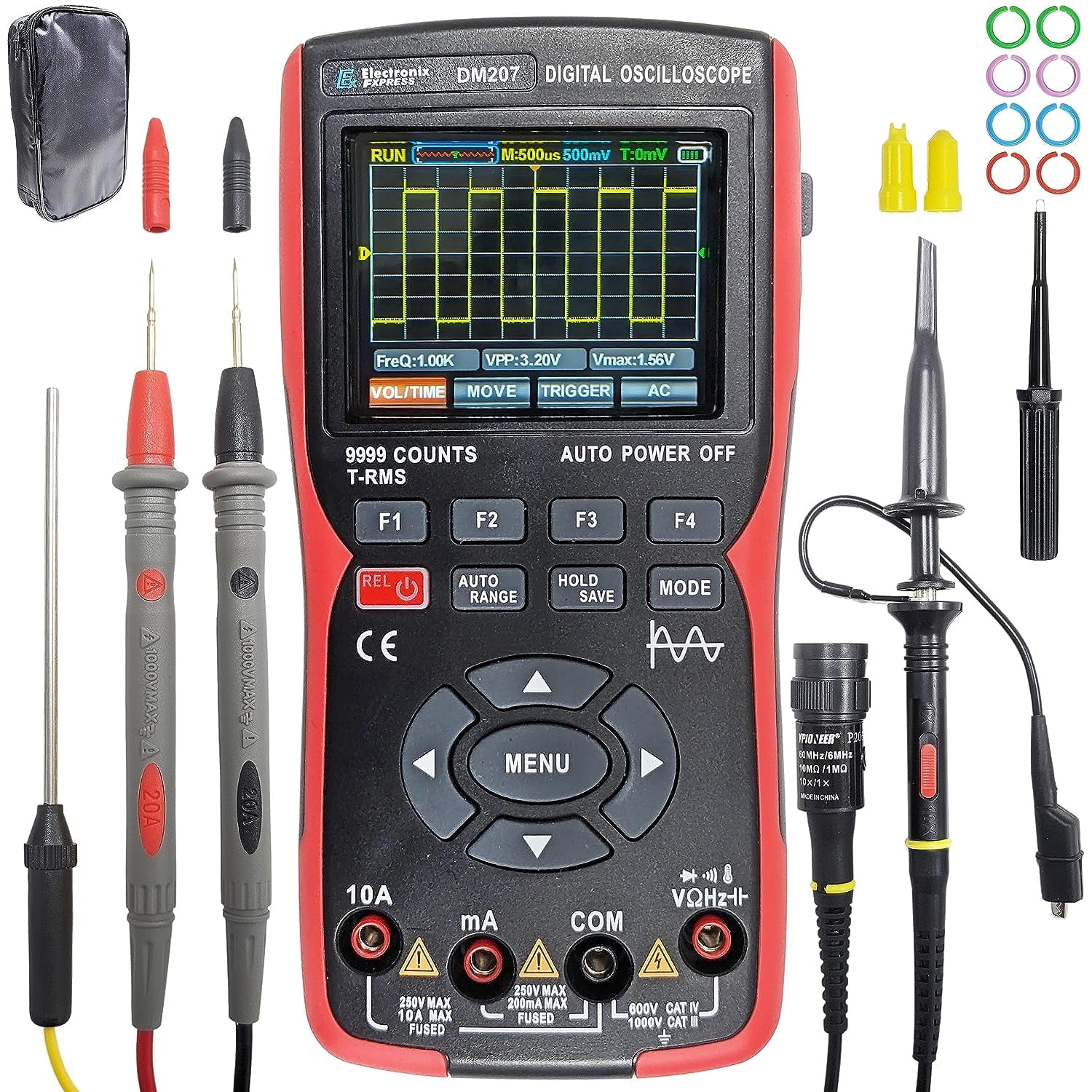 DM207 Handheld 2-in-1 Oscilloscope Multimeter with Backlit Color Screen, Single Channel 10MHz Bandwidth, 9999 Counts True RMS DMM with Temperature Measurement, Rechargeable - Electronix Express