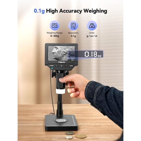 DM4W Digital Coin Microscope with Built-in Scale and 4.3 Inch Screen for Collectors