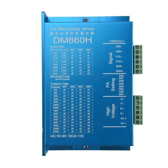 DM860H Digital 57 / 86 Stepper Motor Driver with Fan 2-Phase Nema23,34 DMA860H 7.2A, 18-80VAC for Printing CNC Drive,1 * Stepper Motor Driver,blue