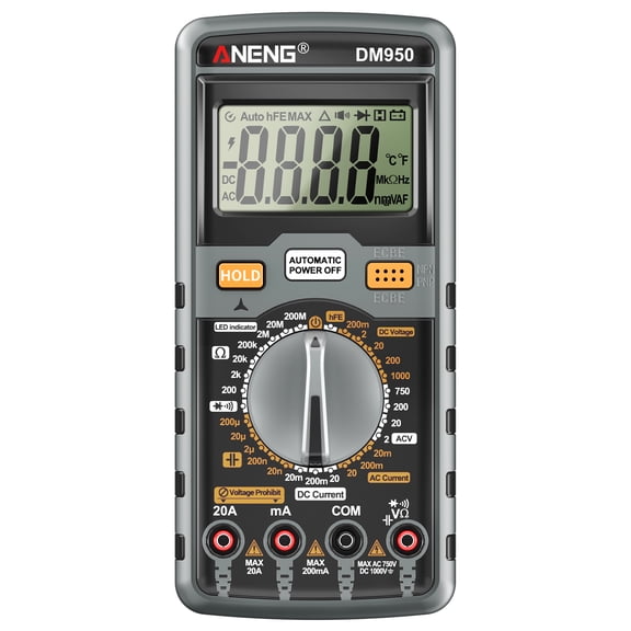 DM950 Digital Multimeter Tester, 1999 Counts Auto-Ranging Electrical Multi-Tester for 1000V DC 750V AC 20A, NCV Transistor hFE Continuity Tester for Electricians & DIY