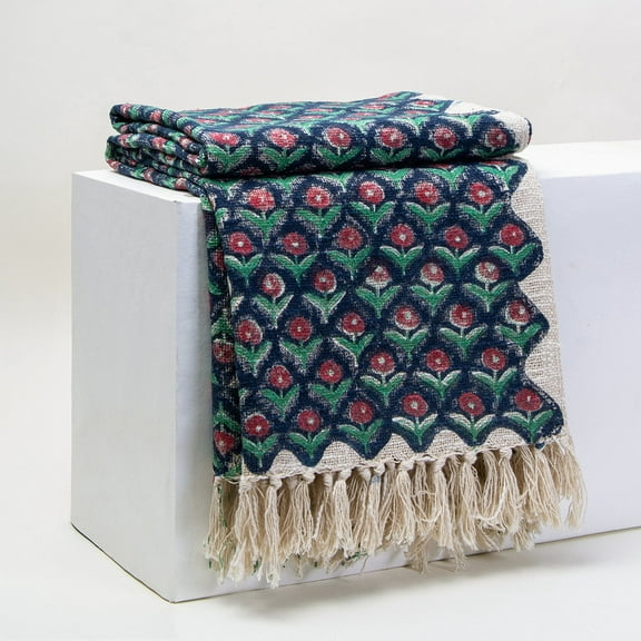 DMAASA Blue Hand Block Print Handloom Floral 50x70" Sofa Throw Blanket for Couch All Seasons