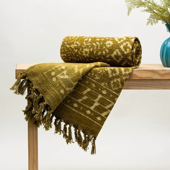DMAASA Olive Green Hand Block Print Floral 50x70" Sofa Throw Blanket for Couch All Seasons