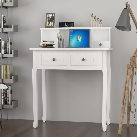 DMAITH Small Writing Desk with Hutch, 32 Inch Home Office Desk with Drawers, Study Table Computer Desk for Student, Vanity Makeup Dressing Table Save Space for Bedroom, White