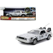 DMC DeLorean Time Machine Brushed Metal Frost Version with Lights "Back to the Future" 1985 Movie "Hollywood Rides" Series 1/24 Diecast Model Car by Jada