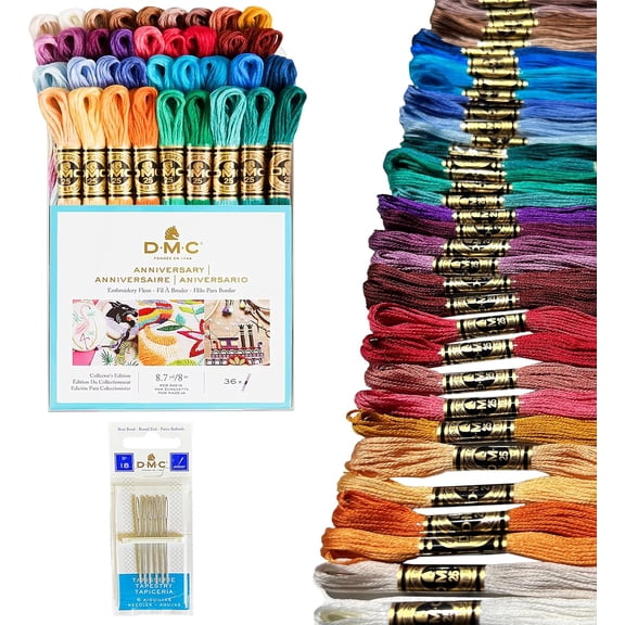 DMC Embroidery Floss, Anniversary Collection Pack. 36 Colors Cotton Embroidery Thread Bundle with Hand Embroidery Needle Size 18. Premium Cross Stitch String Set. Yarn Kit, DMC Mouline Threads.