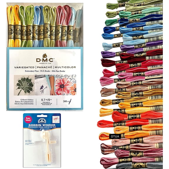 DMC Embroidery Floss,Variegated Embroidery Thread,36 Multicolor Cross Stitch Threads Bundle with Bobbin Winder,DMC Color Variations Hand Embroidery Yarn,Colorful String,Rainbow Cotton Variegated Pack