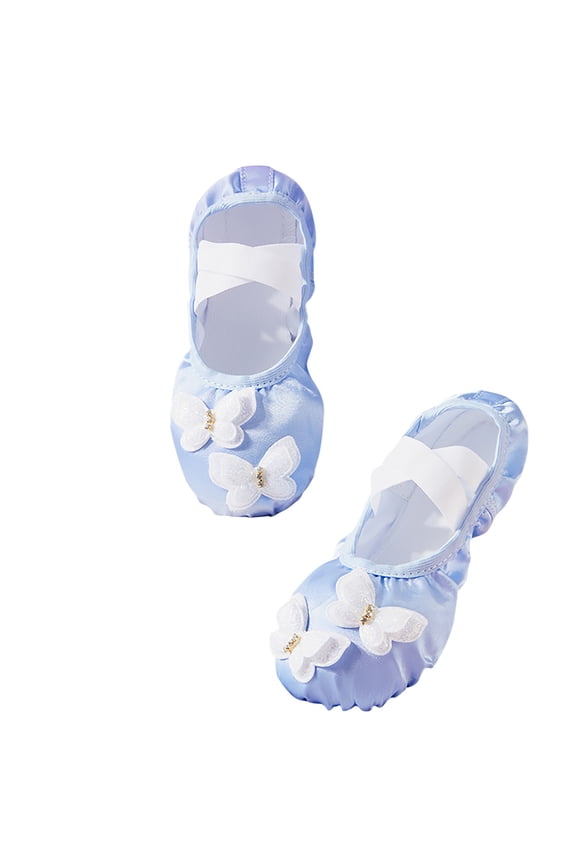 Butterfly Ballet Shoes for Girls Ballerina Flats for Kids Dance - Soft Satin, Split Sole Blue 24