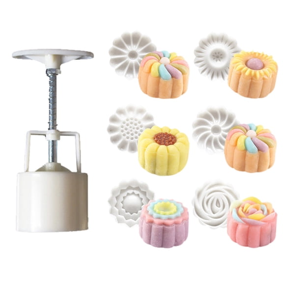 DMDUOU Exquisite Circular Flower Molds Set for Cake & Dessert Decoration - 6pcs Flower Patterns with 1 Plunger, Easy to Clean & Use, Perfect for Chinese Traditional Festival Cakes & More white