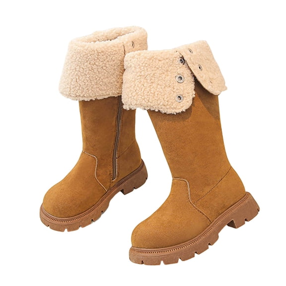 DMDUOU Faux Suede Platform Fuzzy Snow Boots Round Toe Hippy Winter Boots Slip On Knee High Chunky Heel Fur Tall Boots for Women Brown 29