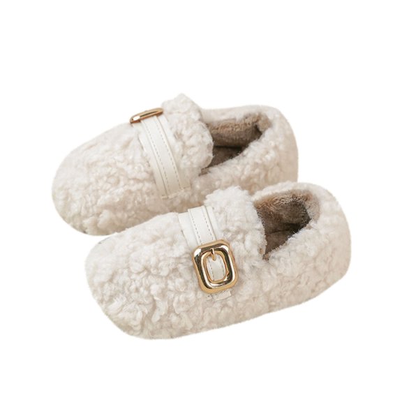 DMDUOU Fuzzy Sherpa Boots for Girls Solid Color Snow Booties Faux Leather Plus Fleece Warmth Mid Calf Boot Little/Big Kids Beige 28
