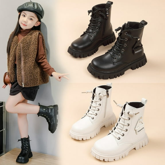 DMDUOU Girls Ankle Boots Lace Up Short Boots PU Leather Riding Boot Side Zipper Punk Goth Boot Non Slip Cowgirl Booties Beige 27