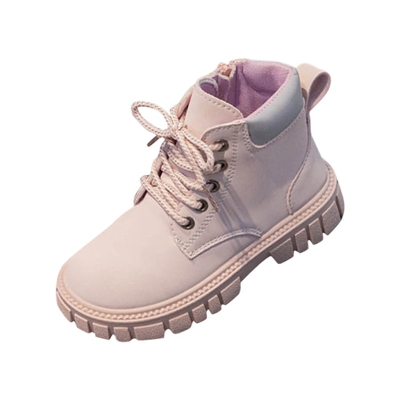 DMDUOU Girls Ankle Boots Side Zipper Booties Lace-up Fall Winter Fashion Leather Snow Shoes Hiking Outdoor Boot Pink 4-4.5Years