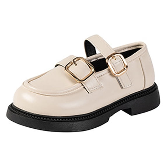 DMDUOU Girls Chunky Mary Jane Shoes Dress Chunky Heels Leather Loafers for Girl Uniform Patent Pumps Slip On Shoes Beige 5-5.5Years