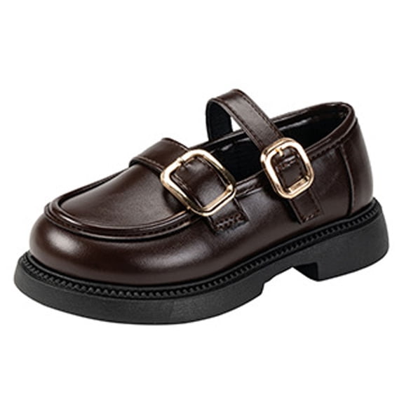 DMDUOU Girls Chunky Mary Jane Shoes Dress Chunky Heels Leather Loafers for Girl Uniform Patent Pumps Slip On Shoes Brown 5-5.5Years