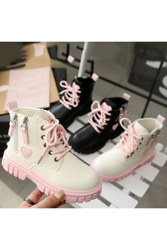 Girls Cute Ankle Boots Lace Up Boot Side Zipper Comfortable Heart Print Non-Slip Short Boots Beige 26