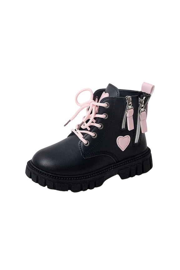 Girls Cute Ankle Boots Lace Up Boot Side Zipper Comfortable Heart Print Non-Slip Short Boots Black 34