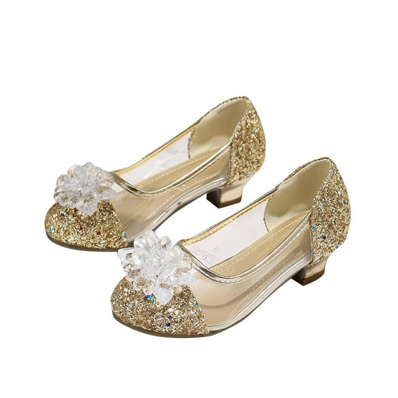 DMDUOU Girls Dress Shoes Mary Jane Flower Wedding Party Bridesmaids Shoes Glitter Princess Ballet Flats for Kid Toddler Gold 7 Years