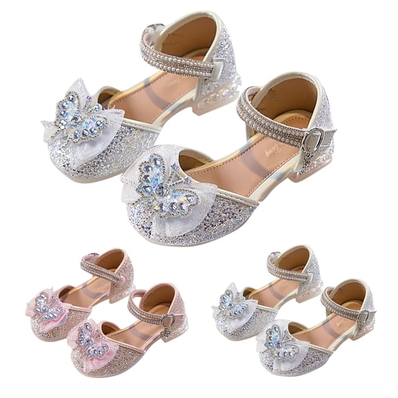 DMDUOU Girls Dress Shoes Princess Crystal High Heels Closed Toe Party Wedding Flower Girls Shoes Toddler Little Big Kid Pink 26