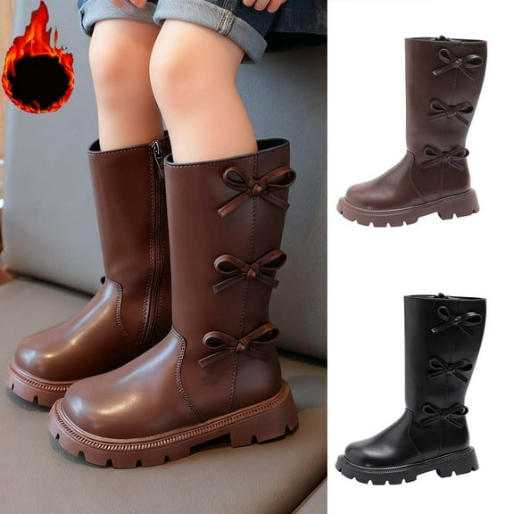DMDUOU Girls Knee High Boots Winter Zipper Mid Calf Cute Bow Lace up Boots PU Leather Boot Chunky Sole Bowknot Side Zippe Dress Shoes for Toddler Black 26