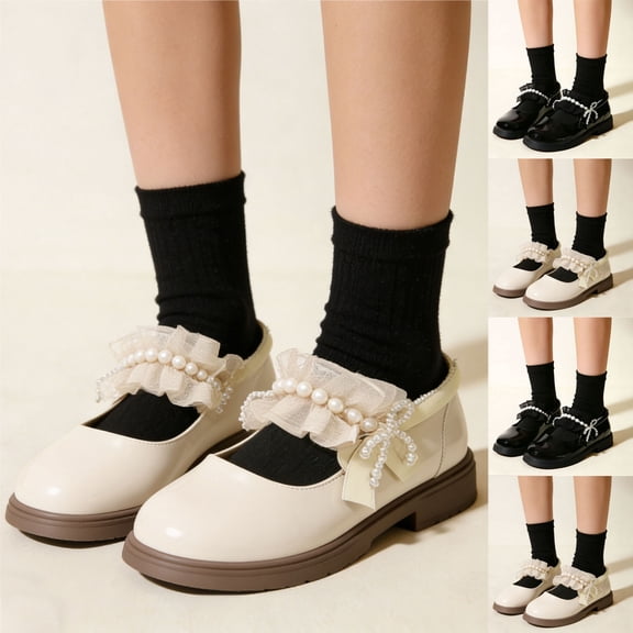 DMDUOU Girls Mary Jane Dress Shoes Girls Loafers School Uniform Thick Non-Slip Sole Casual Shoe Beige 3.5-4Years