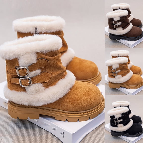 DMDUOU Girls Snow Mid Calf Boots Suede Wide Calf Plush Furry Lining Side Zipper Platforms Warm Winter Comfortable Booties Black 26