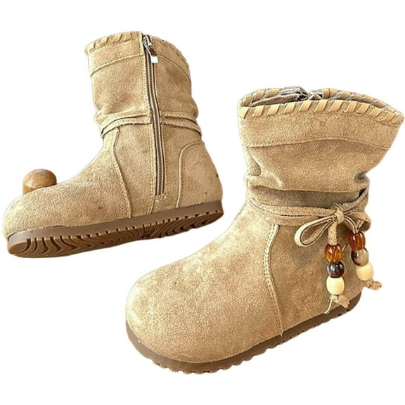 DMDUOU Girls Vintage Faux Suede Riding Boots Retro Cowboy Mid Calf Boots Fall Winter Booties Yellow 28